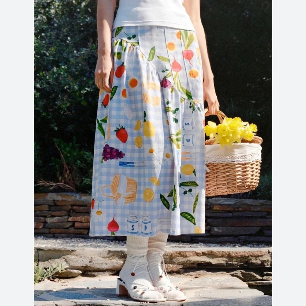 Lisa Says Gah Maeve Midi Skirt Picnic Alfresco Gingham Blue Size Medium NWT New - Picture 6 of 13